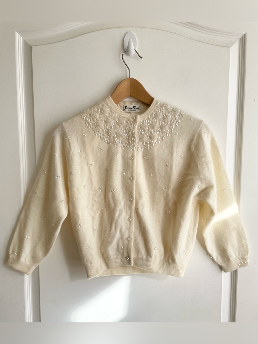 Vintage 1950s Prince Scott Cashmere Hand Beaded Cardigan Sequins Ivory Size XS